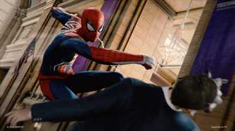 Spider-Man punching a bank robber in 2018's Spider-Man game by Insomniac.