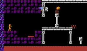 a lava room with purple floors and white bars in Metroid