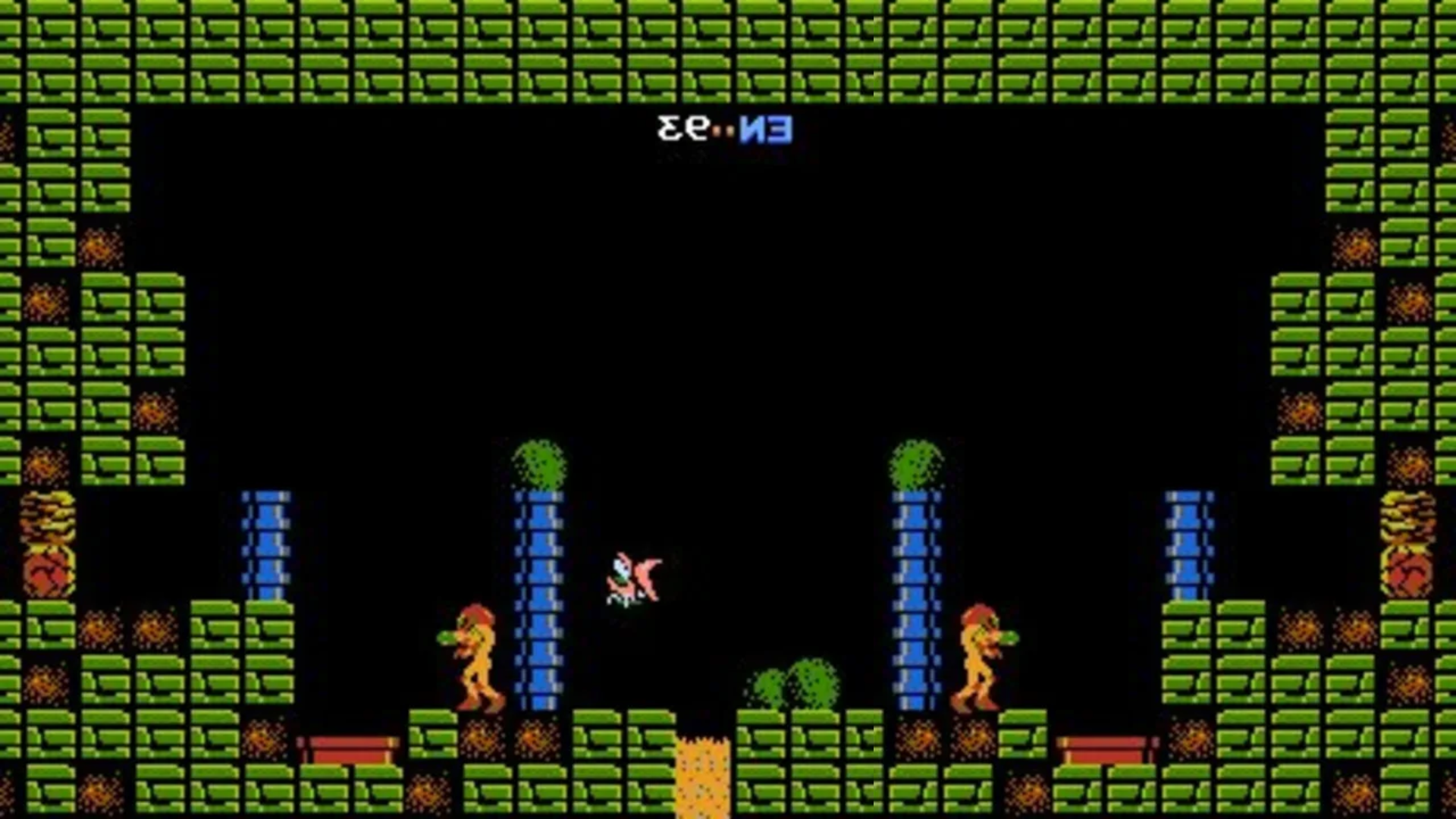 A green room with two characters in Metroid