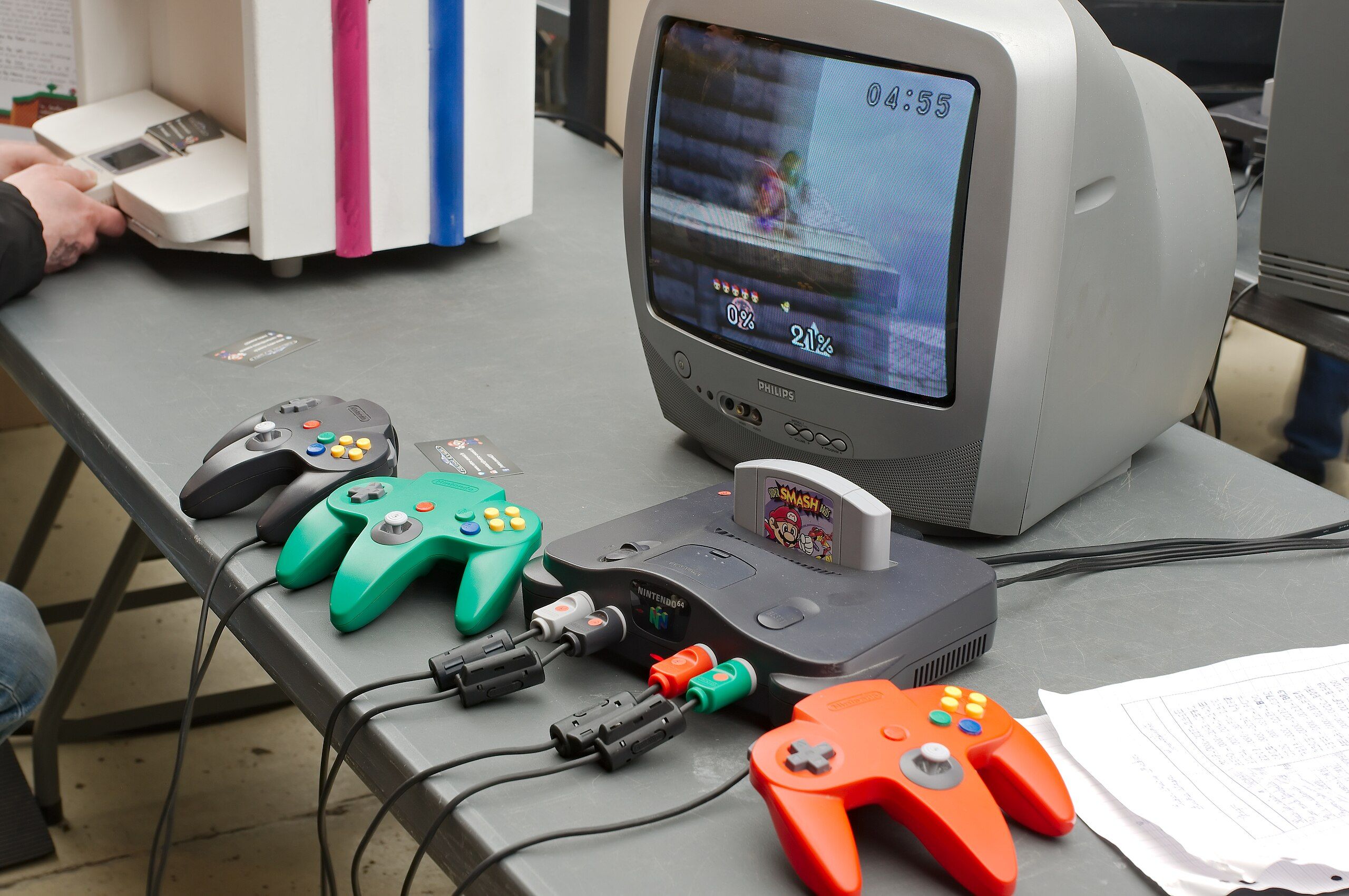 Nintendo 64 console with controllers.