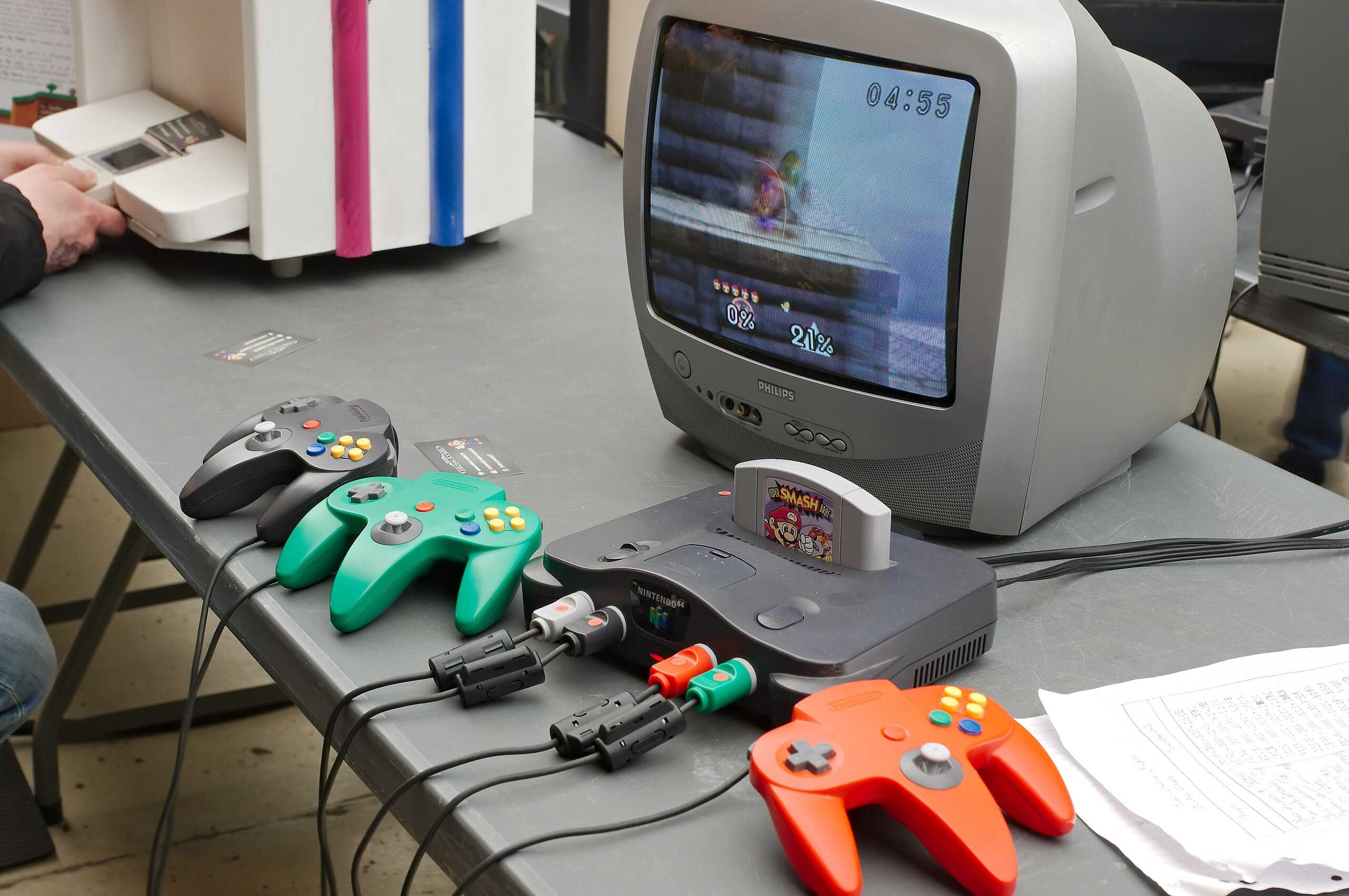 Nintendo 64 console with controllers.