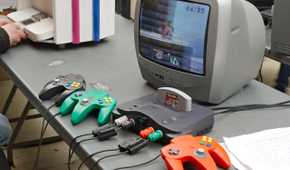 Nintendo 64 console with controllers.