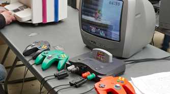 Nintendo 64 console with controllers.