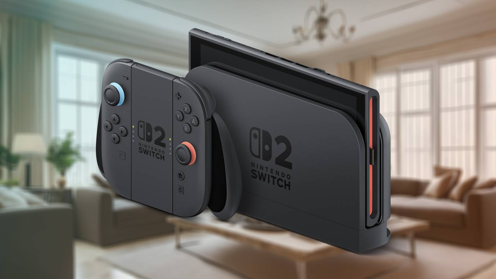 A Nintendo Switch 2 in its dock with the two Joy-Con 2 controllers inserted into the grip, over a background of a living room
