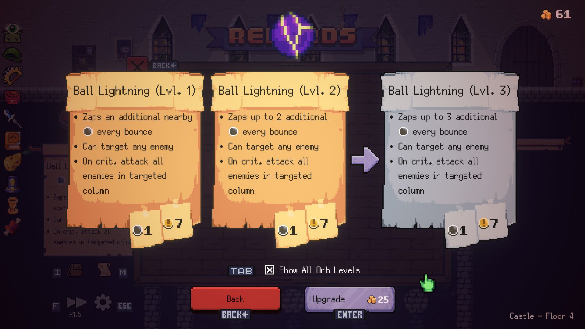Peglin ball upgrade screen showing the lightning ball