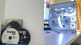 Two discs for The Last of Us Part II PS4 version, next to a PC and a PS5.