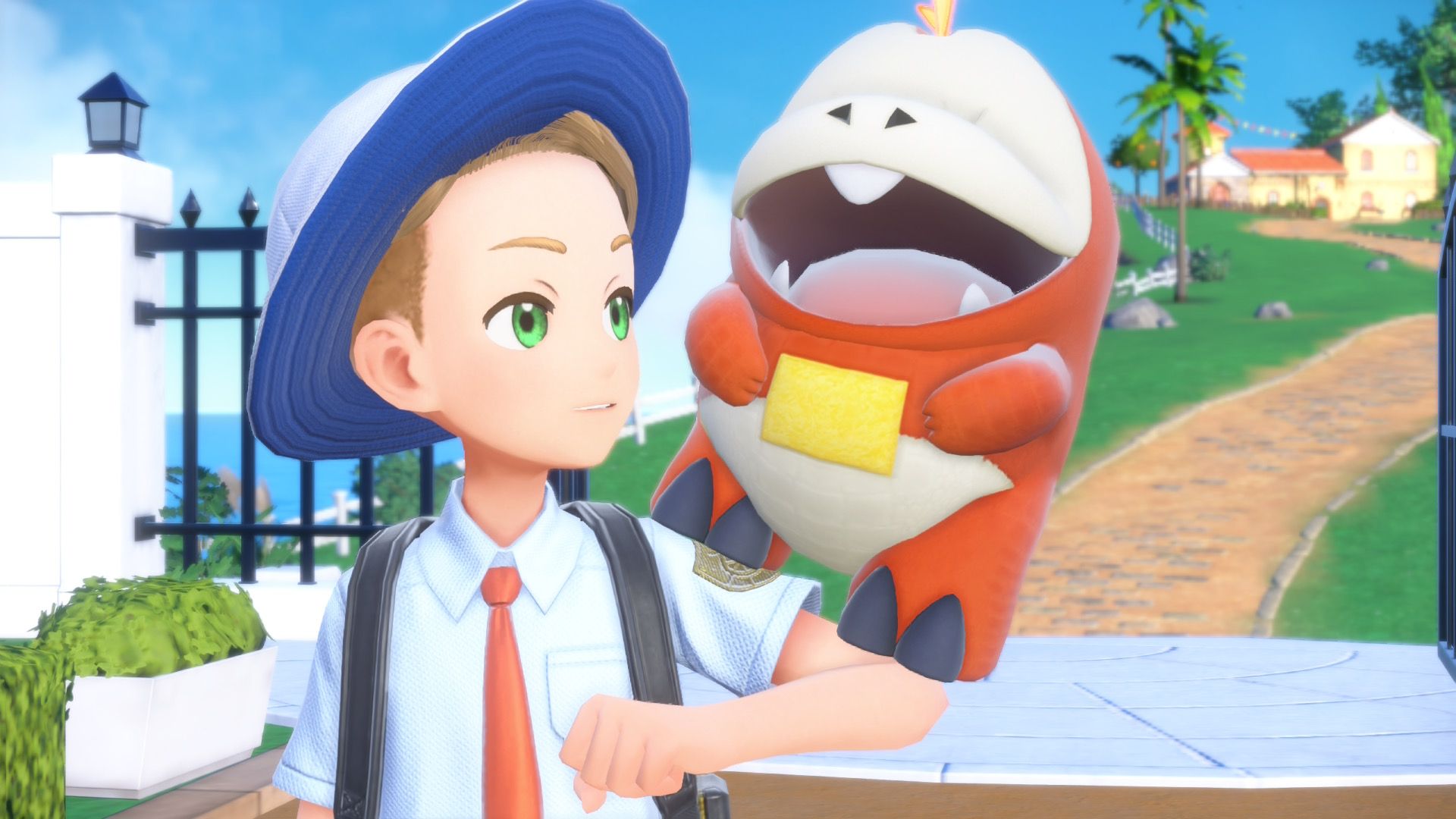 Pokémon Scarlet Fuecoco on a shoulder