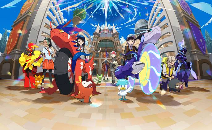 Pokémon Scarlet and Violet key art featuring the legendary creatures