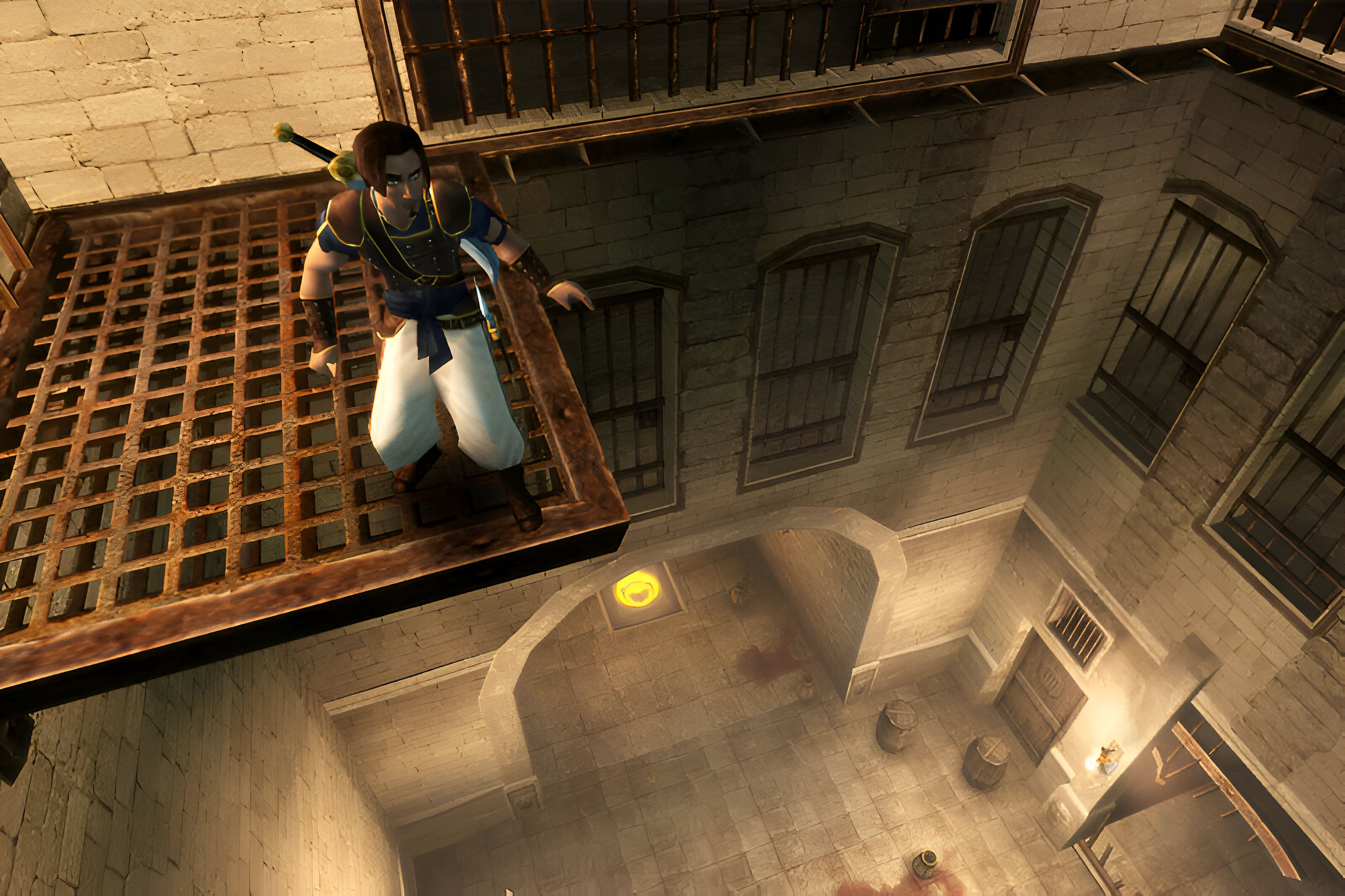The Prince standing on a metal walkway in Prince of Persia: The Sands of Time.