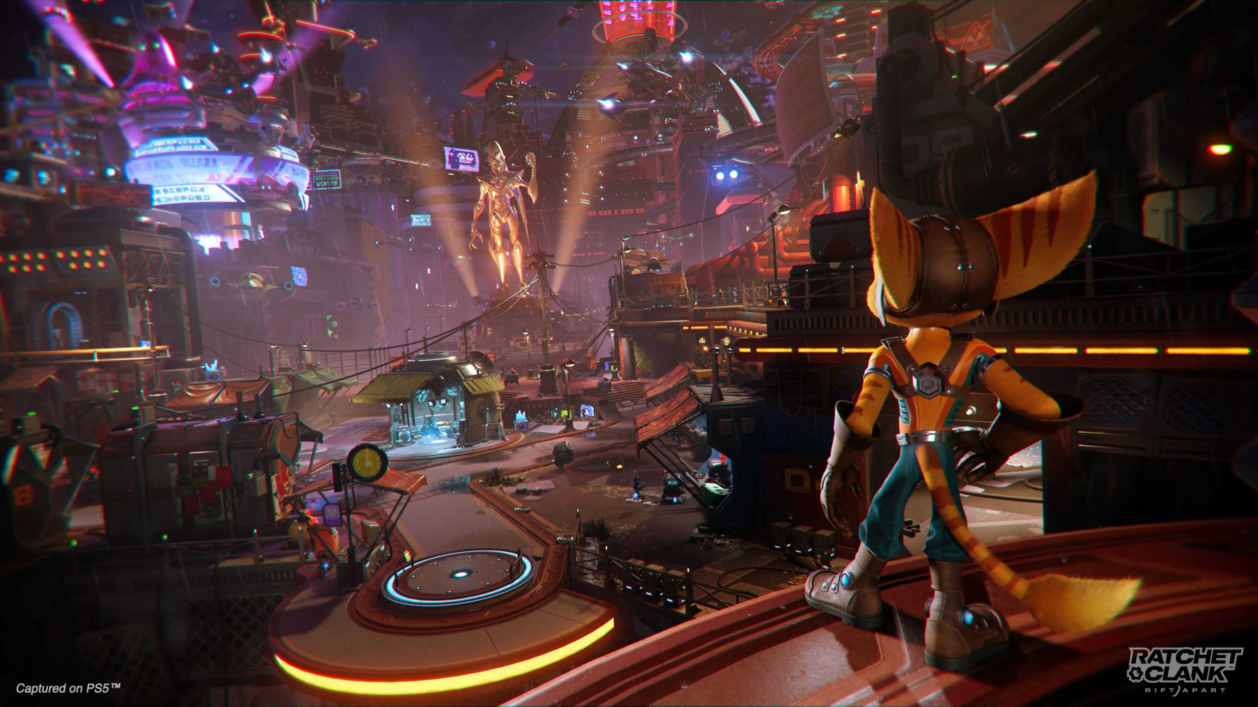 Ratchet looking at the bazaar in Ratchet & Clank: Rift Apart.