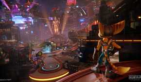 Ratchet looking at the bazaar in Ratchet & Clank: Rift Apart.