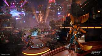 Ratchet looking at the bazaar in Ratchet & Clank: Rift Apart.
