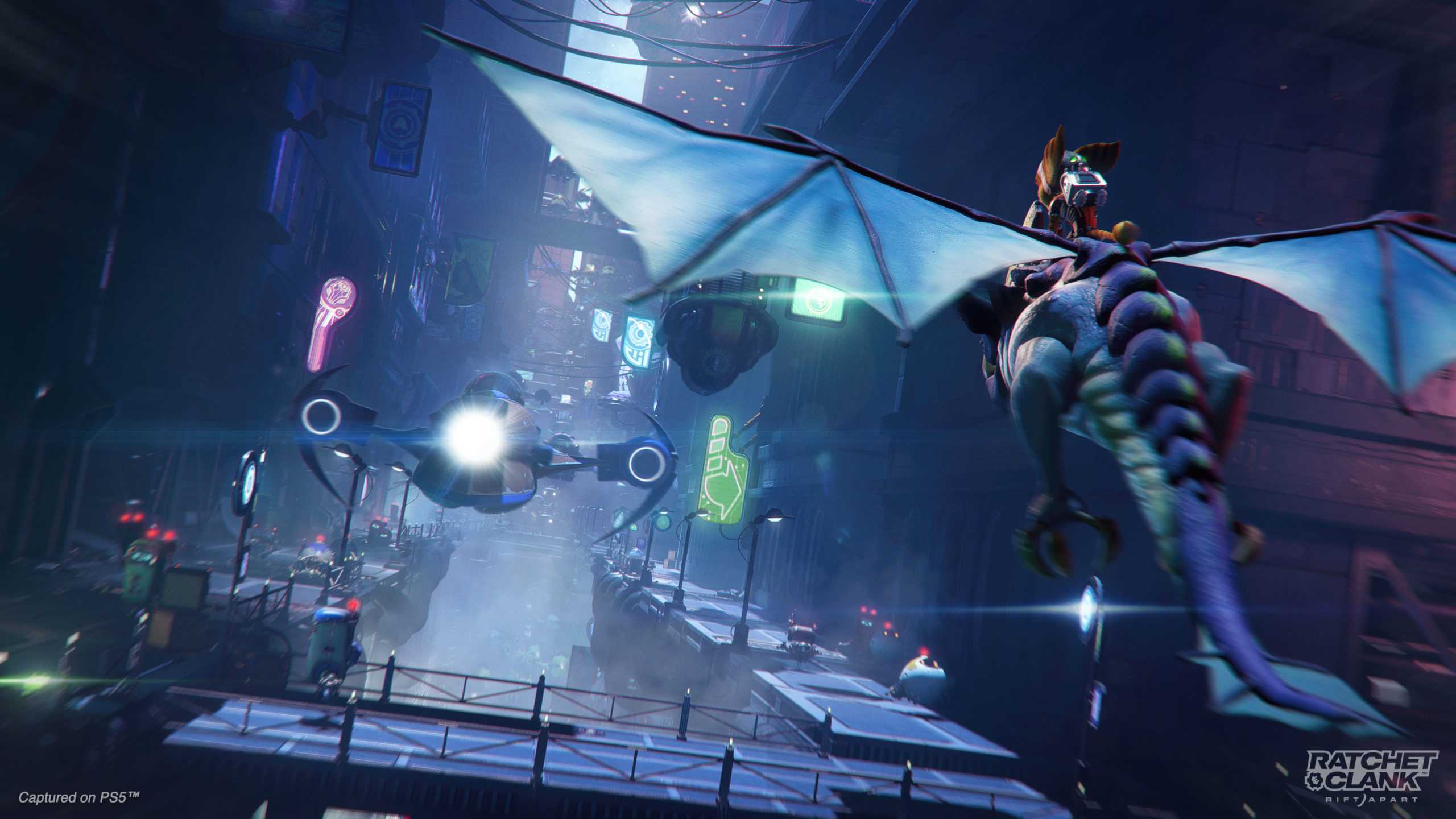 Ratchet on a flying creature in Ratchet & Clank: Rift Apart.
