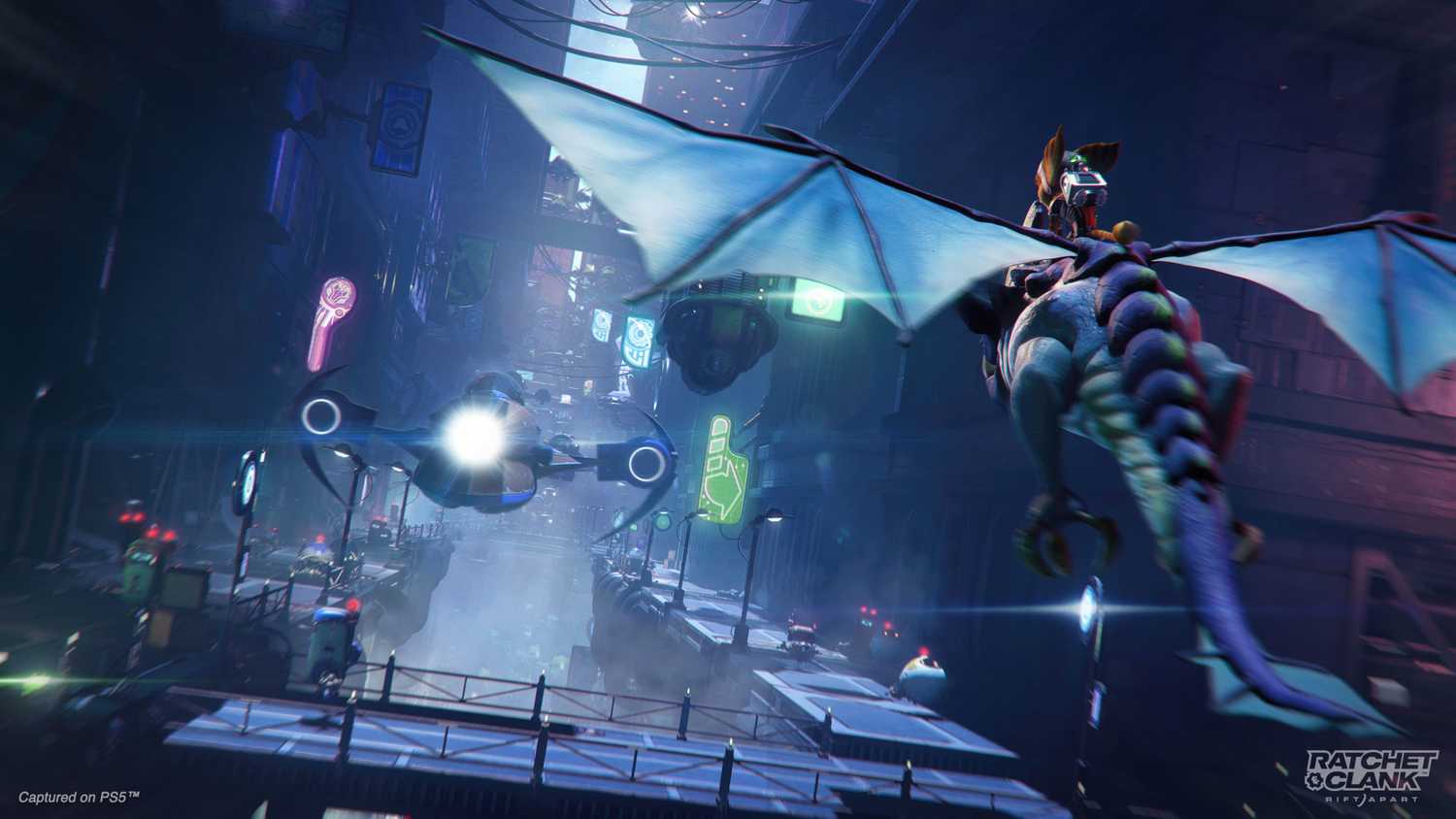 Ratchet on a flying creature in Ratchet & Clank: Rift Apart.