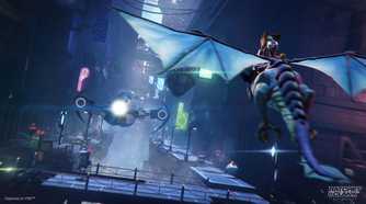Ratchet on a flying creature in Ratchet & Clank: Rift Apart.