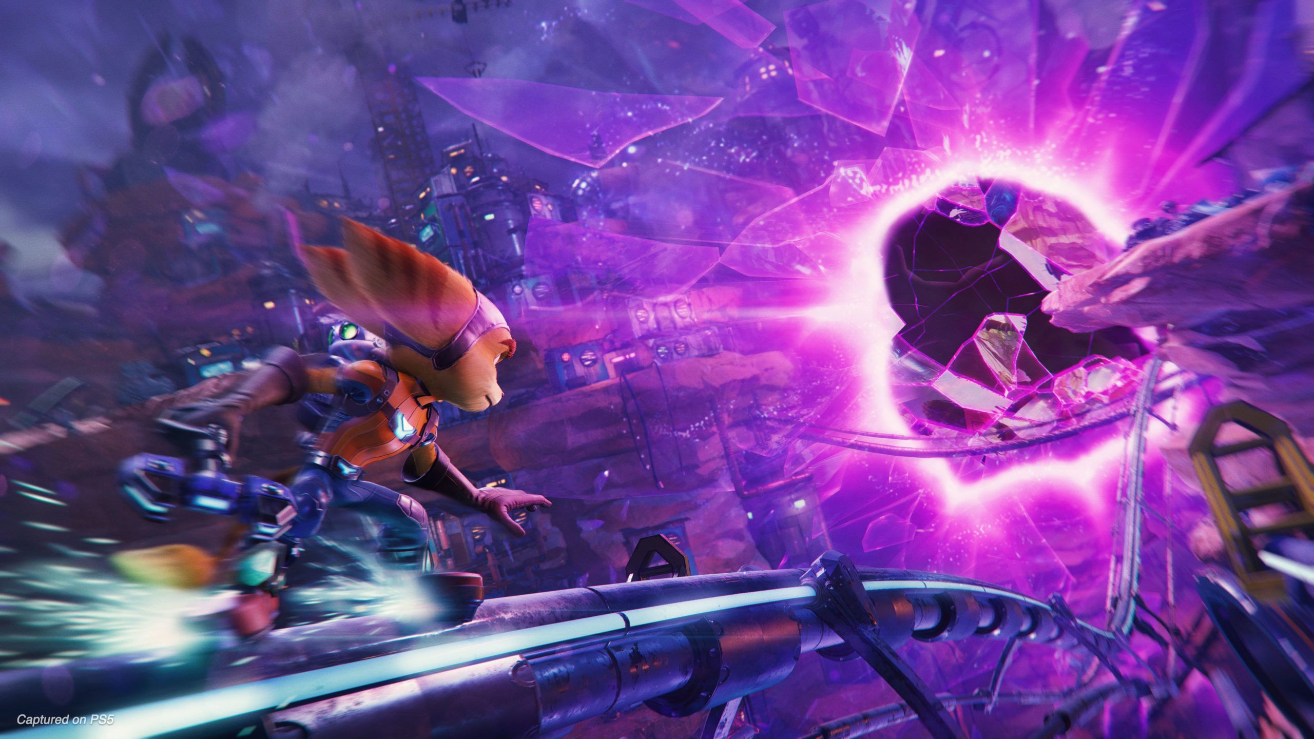 Ratchet on a grindrail in Ratchet & Clank: Rift Apart.