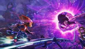 Ratchet on a grindrail in Ratchet & Clank: Rift Apart.