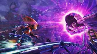 Ratchet on a grindrail in Ratchet & Clank: Rift Apart.