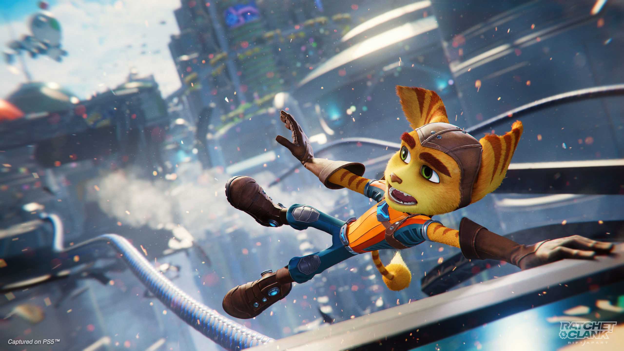 Ratchet hanging on to a ledge in Ratchet & Clank: Rift Apart.
