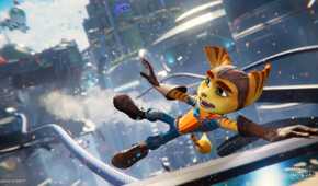 Ratchet hanging on to a ledge in Ratchet & Clank: Rift Apart.