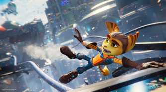 Ratchet hanging on to a ledge in Ratchet & Clank: Rift Apart.