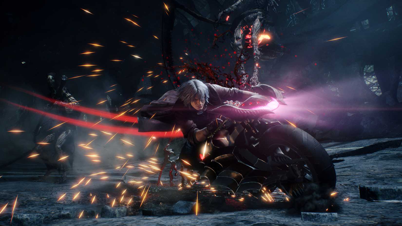 A screenshot of Dante riding a motorcycle in Devil May Cry 5.