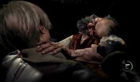 Leon Kennedy from Resident Evil 4 fighting a zombie.