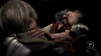Leon Kennedy from Resident Evil 4 fighting a zombie.
