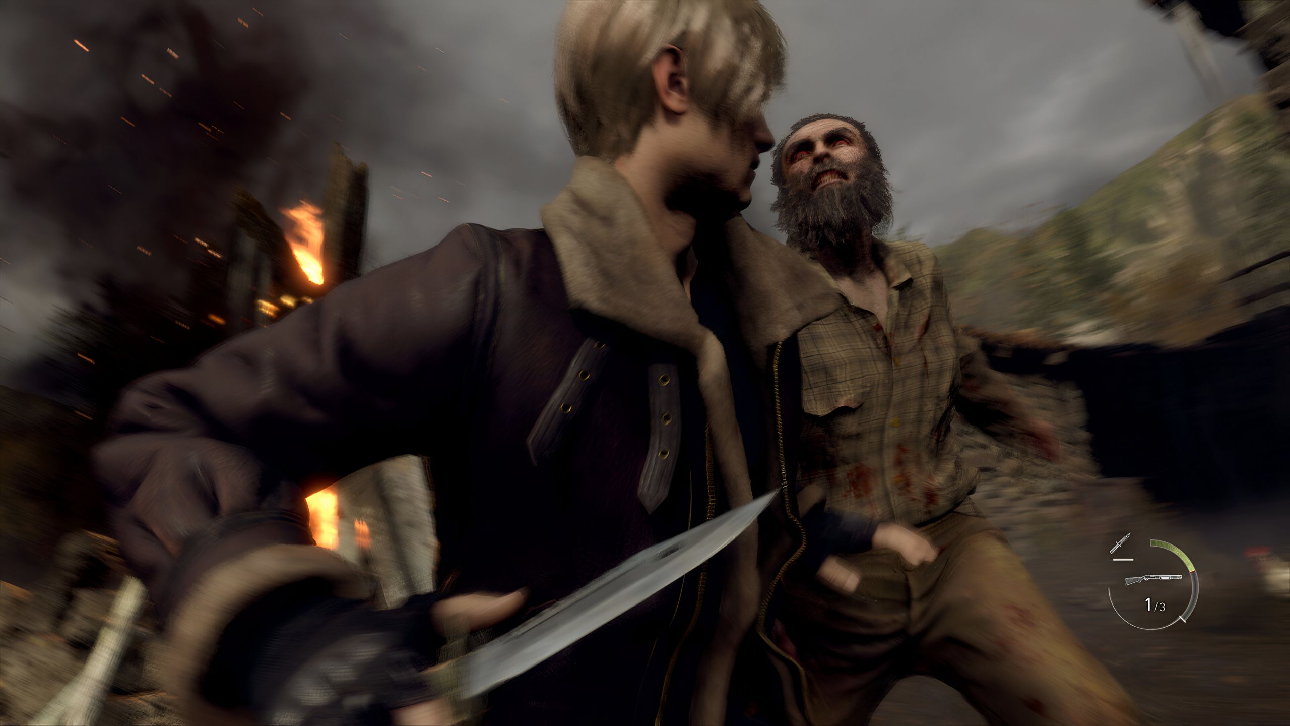 Leon Kennedy from Resident Evil 4 knifing an enemy.