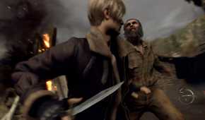 Leon Kennedy from Resident Evil 4 knifing an enemy.