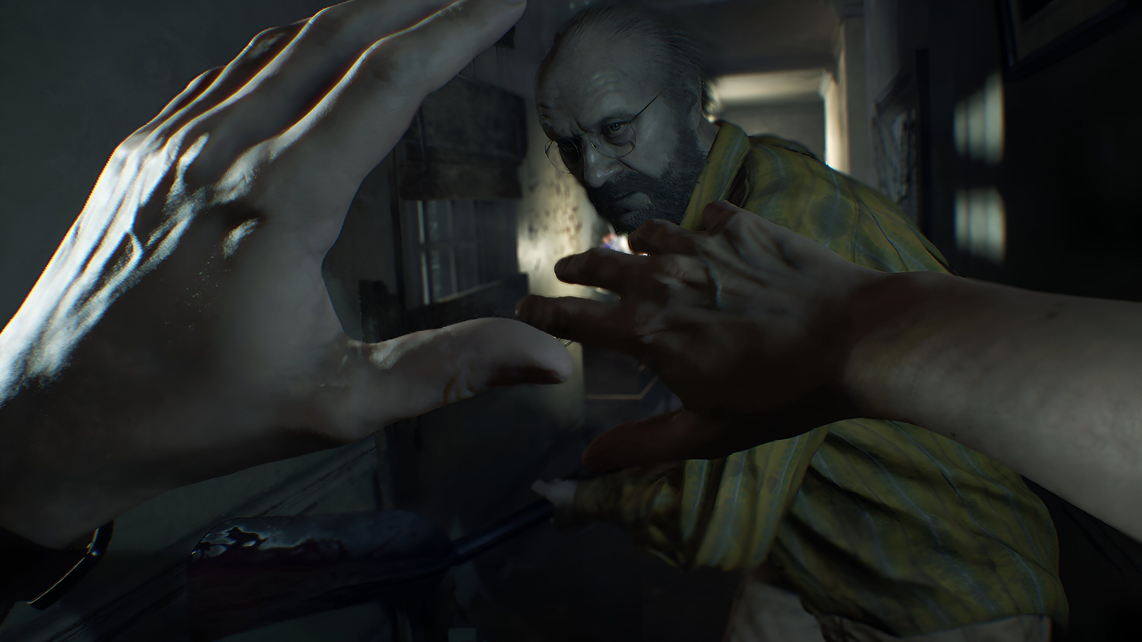 Jack Baker attacking Ethan in Resident Evil 7 (2017).