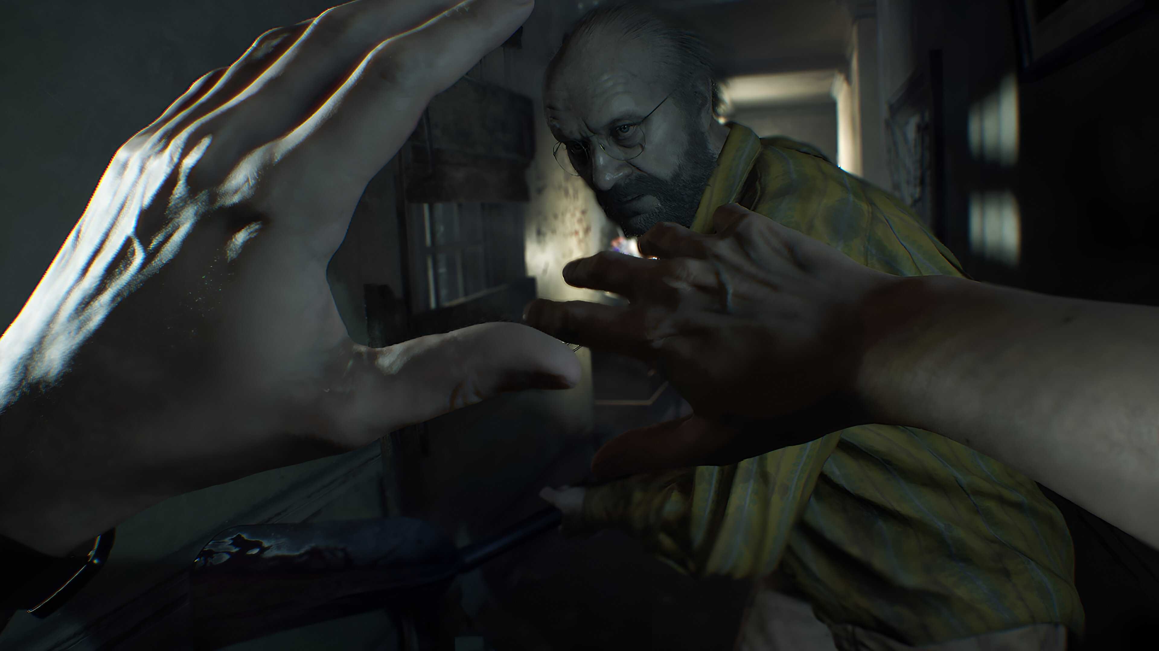 Jack Baker attacking Ethan in Resident Evil 7 (2017).