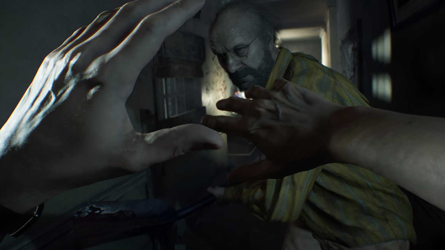 Jack Baker attacking Ethan in Resident Evil 7 (2017).