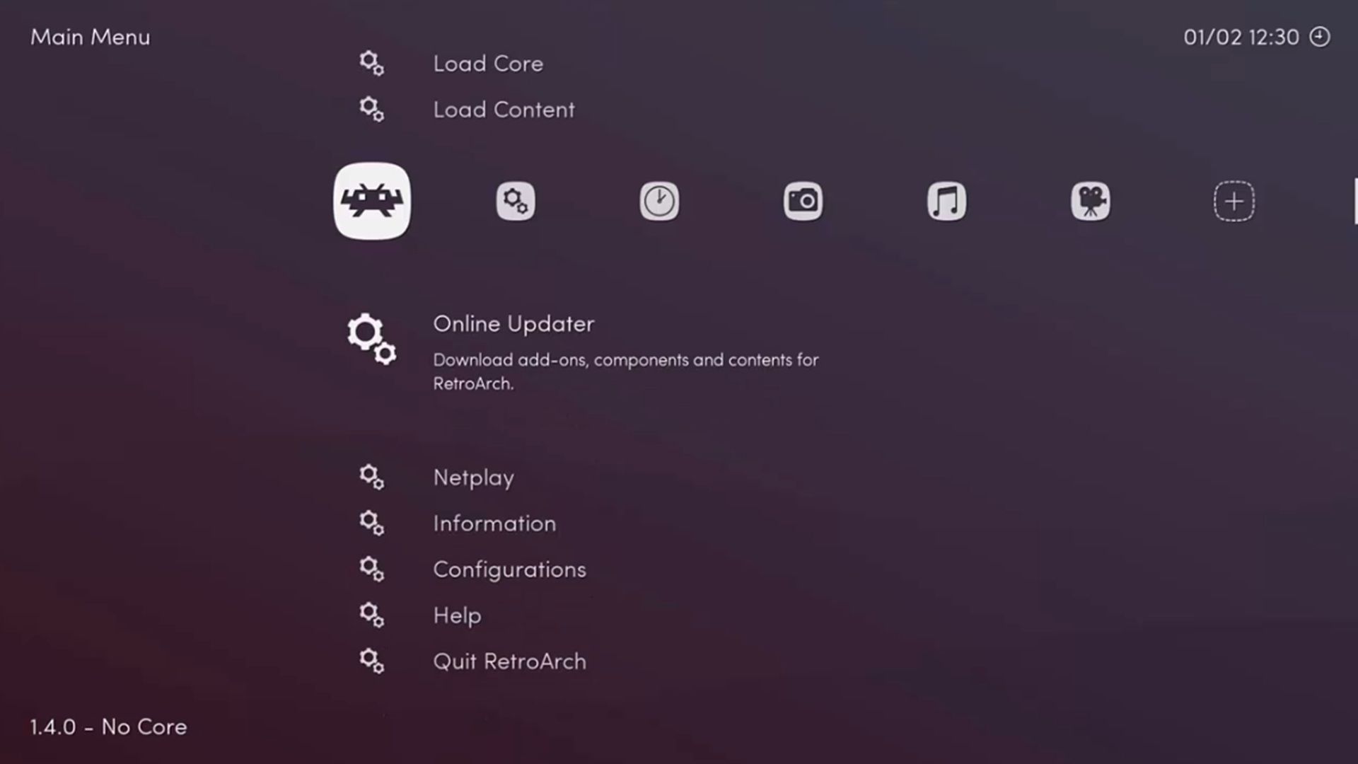 A screenshot of the menus in RetroArch.