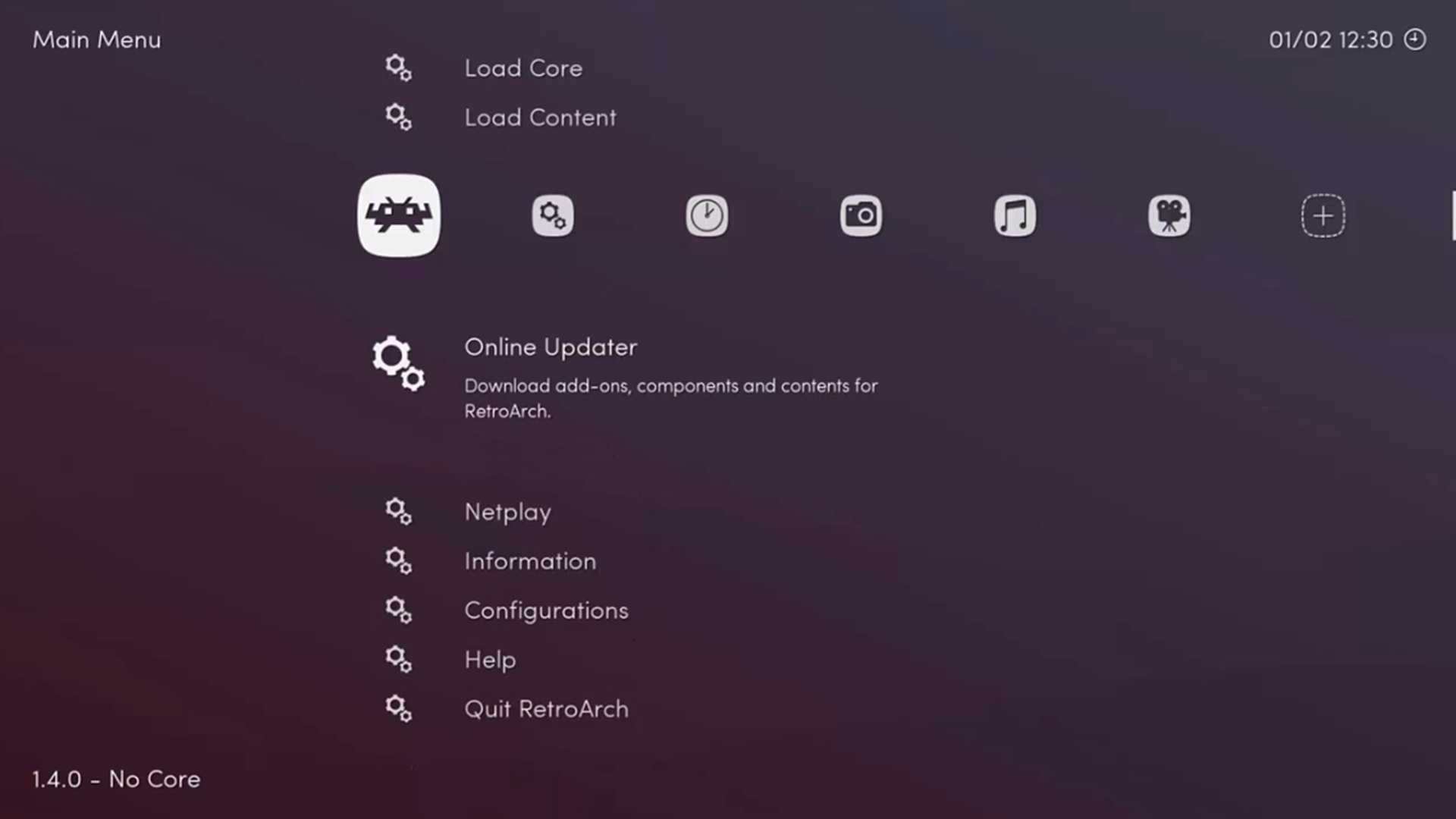 A screenshot of the menus in RetroArch.
