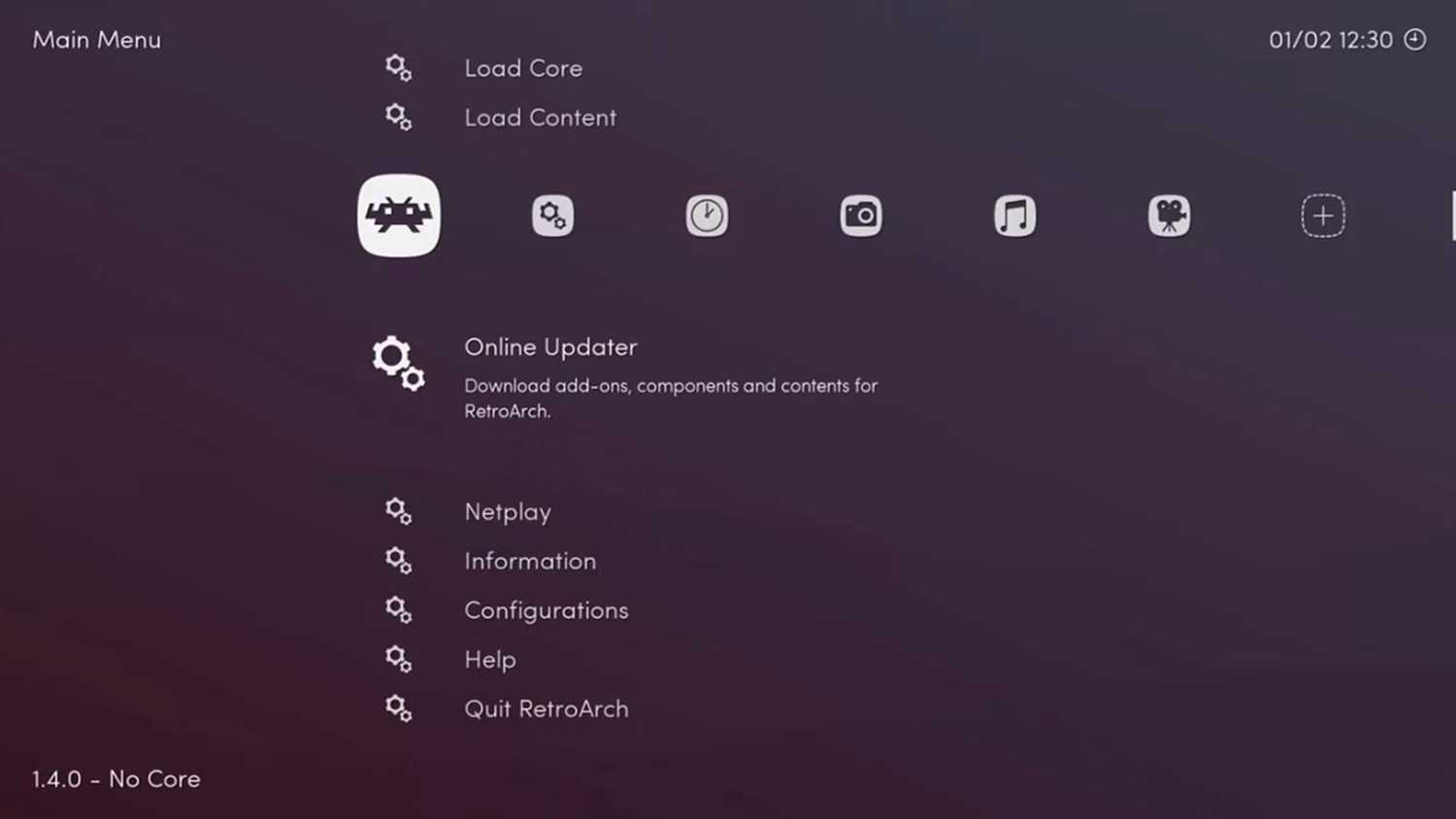 A screenshot of the menus in RetroArch.