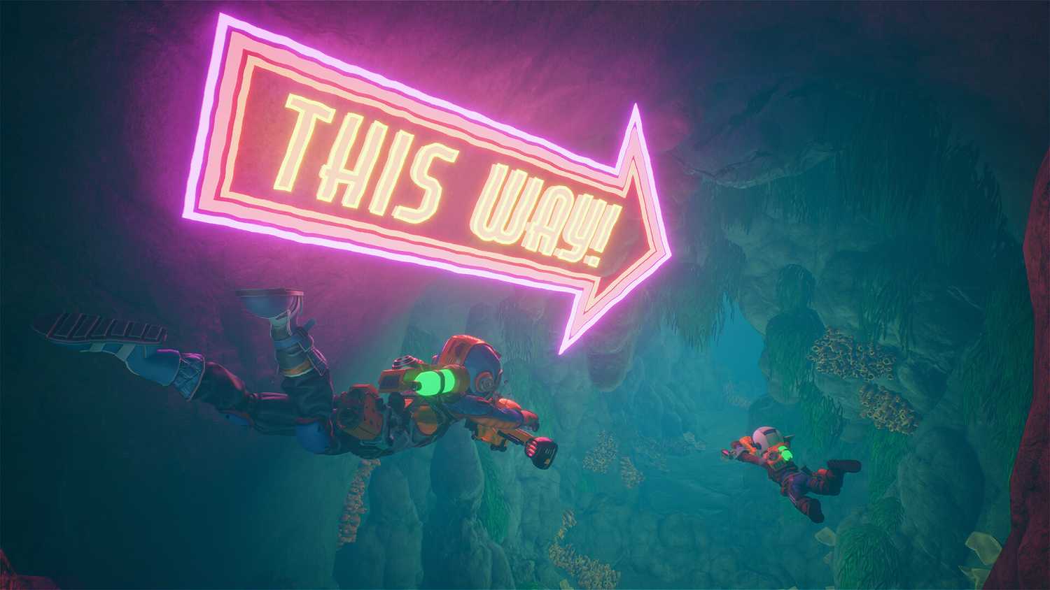 revenge of the savage planet this way neon sign