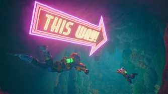 revenge of the savage planet this way neon sign