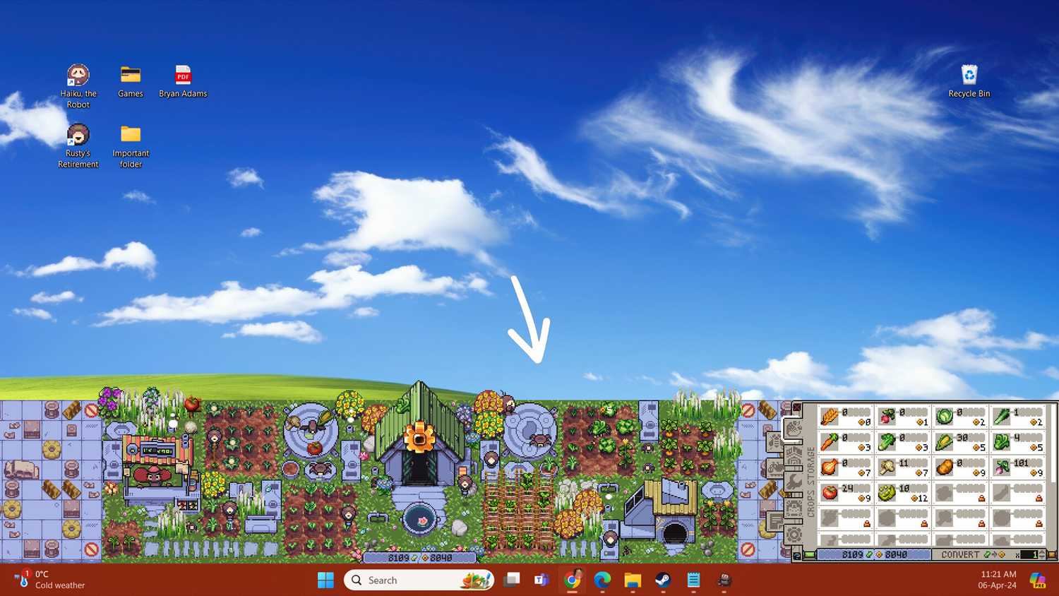 Rusty's Retirement showing the game being played on the bottom part of a monitor