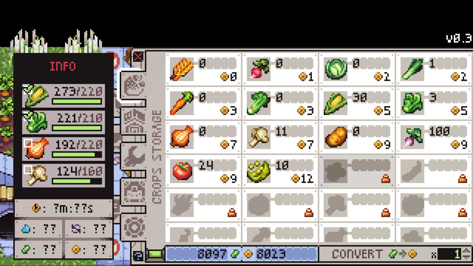 Rusty's Retirement shop screen showing the price of vegetable seeds