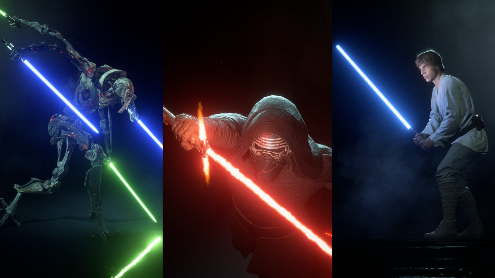 Three heroes with lightsabers on a black background