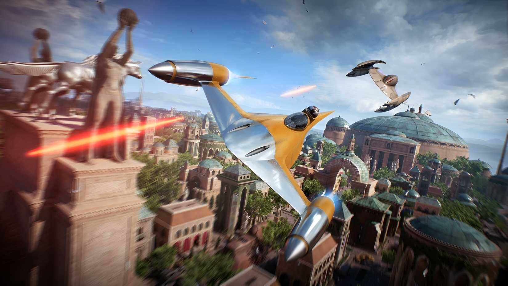 A shot of a Naboo fighter and Droid fighter in Star Wars: Battlefront II.