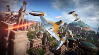 A shot of a Naboo fighter and Droid fighter in Star Wars: Battlefront II.