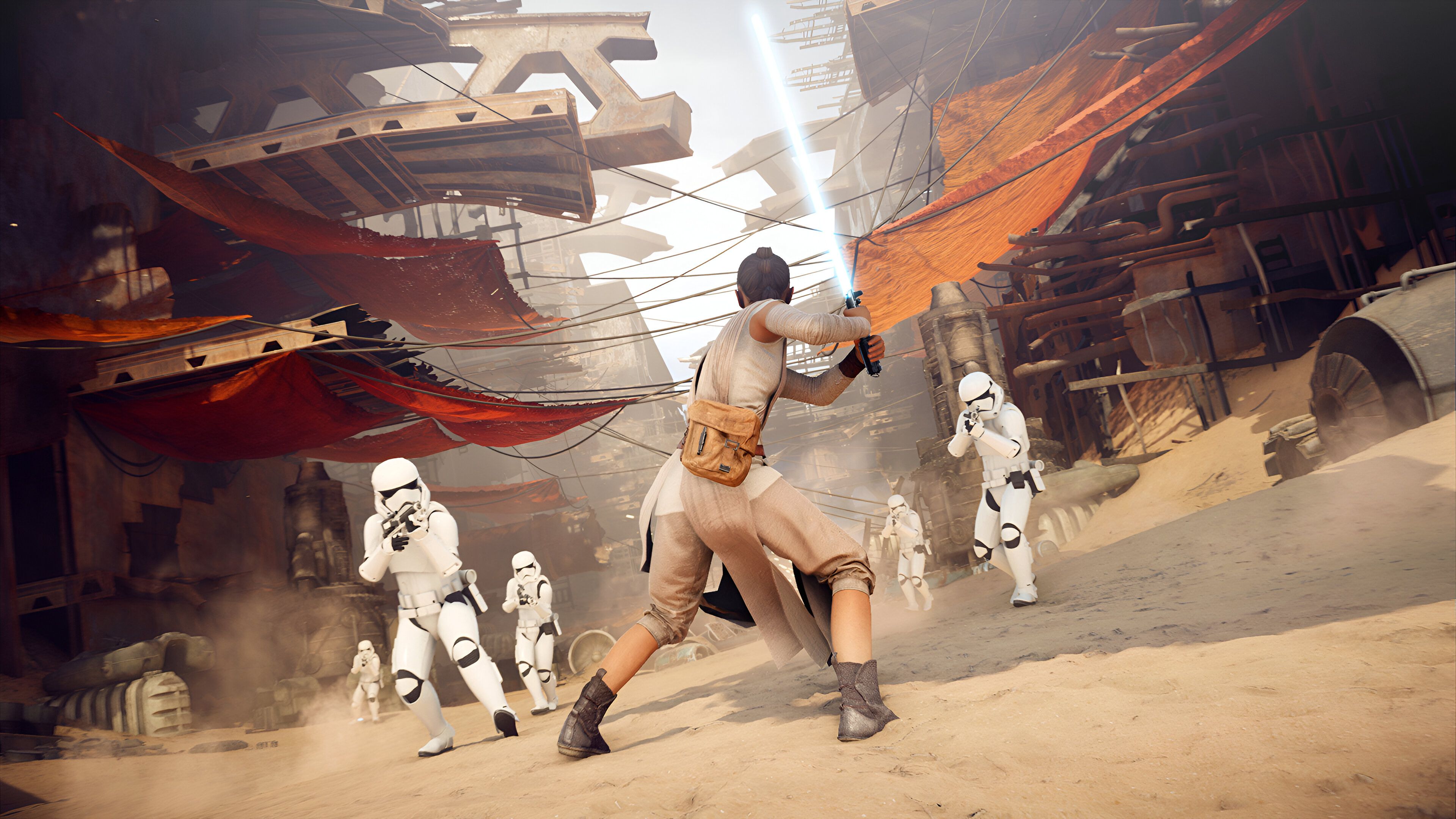 Rey fighting stormtroopers in Star Wars: Battlefront II.