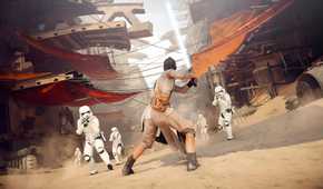Rey fighting stormtroopers in Star Wars: Battlefront II.