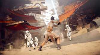 Rey fighting stormtroopers in Star Wars: Battlefront II.