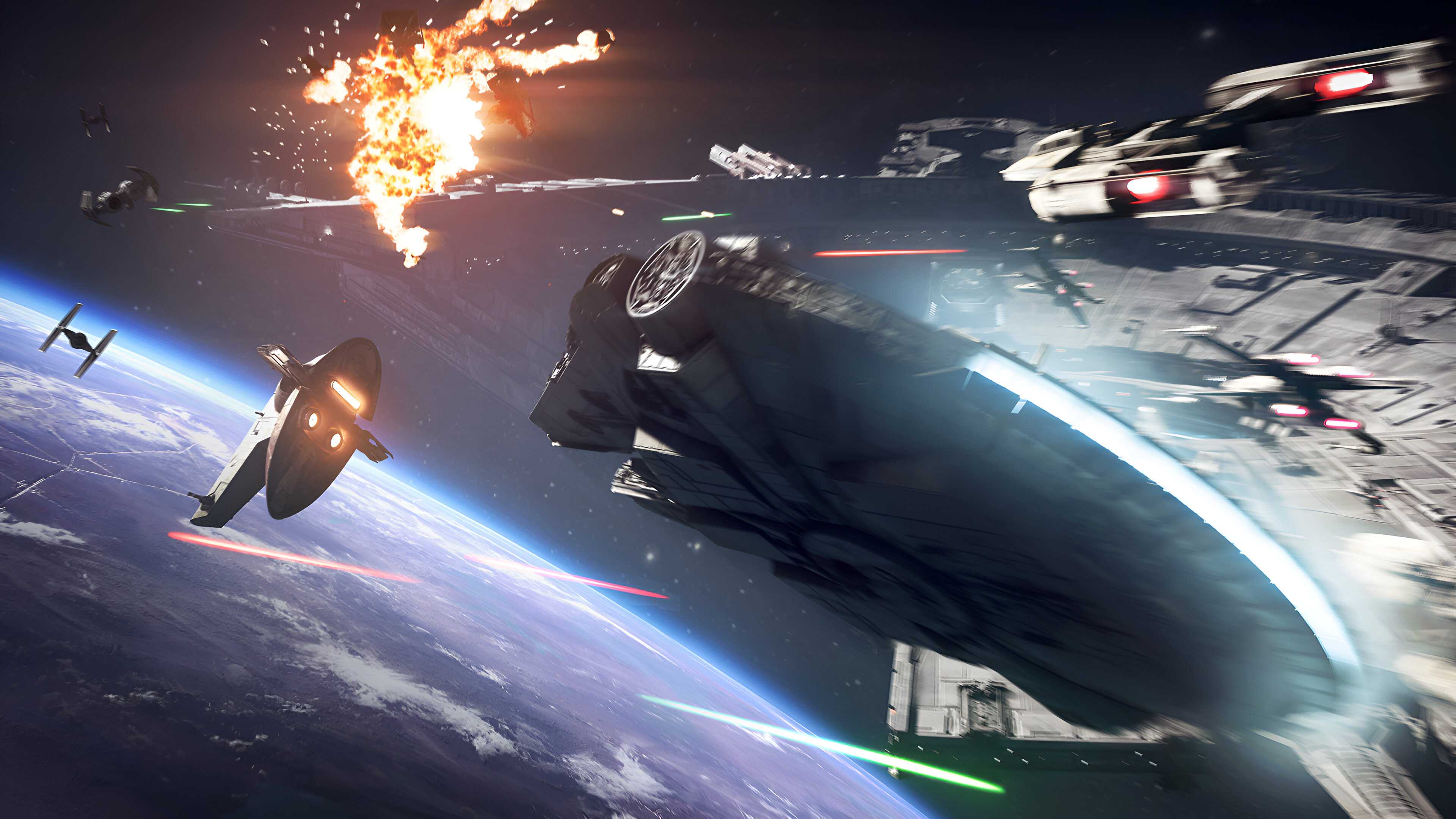 Space combat with Slave I and the Millennium Falcon in EA's Star Wars: Battlefront II.