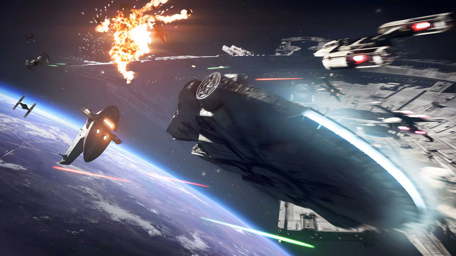 Space combat with Slave I and the Millennium Falcon in EA's Star Wars: Battlefront II.