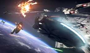 Space combat with Slave I and the Millennium Falcon in EA's Star Wars: Battlefront II.
