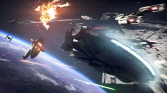Space combat with Slave I and the Millennium Falcon in EA's Star Wars: Battlefront II.